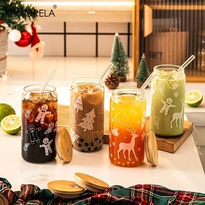 1/4 Stück Weihnachtsglasbecher Bierdose Kaffeetasse mit Deckel und Strohhalm Weihnachtsbaum Elch Becher 480ML Trinkglaswaren Trinkgeschirr Geschenke