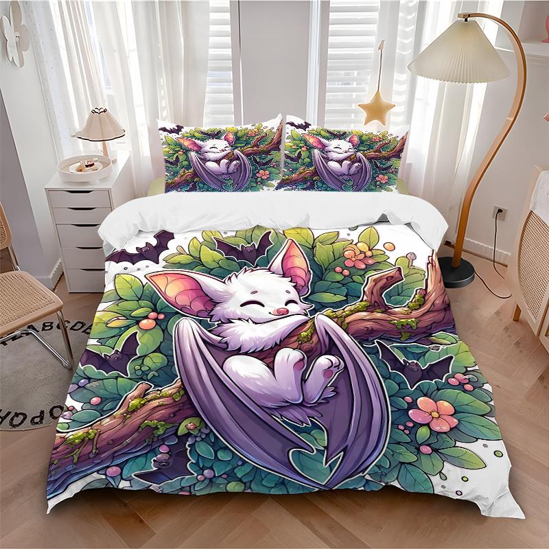 3pcs Cute Bat on a Branch Bedding Set - Includes 1 Quilt Cover and 2 Pillowcases, Comfortable Bedding with Stylish Design for Bedroom, Machi
