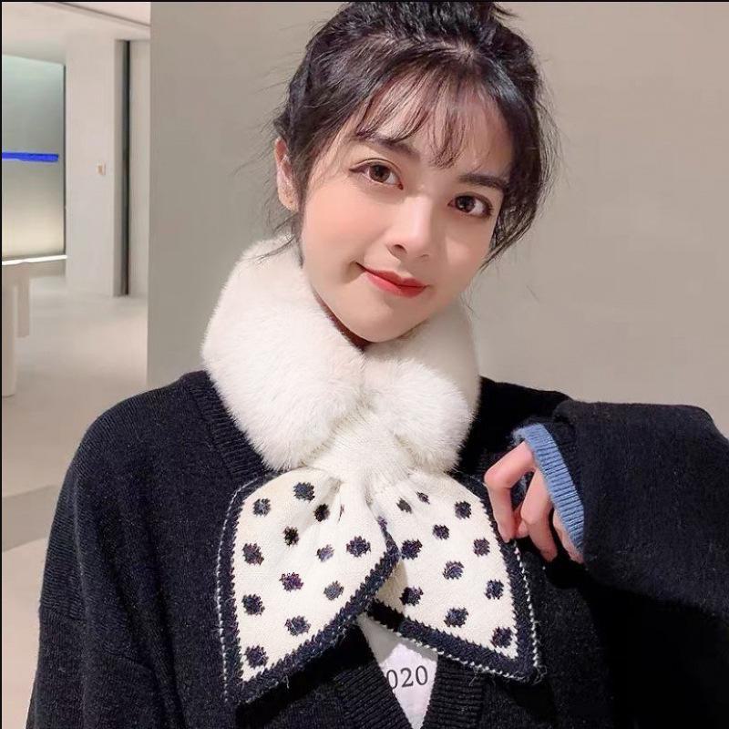 

Корейский женский плюшевый шарф в горошек - искусственный мех кролика, утеплитель для шеи на осень/зиму Polka dot white. 60-80cm белый