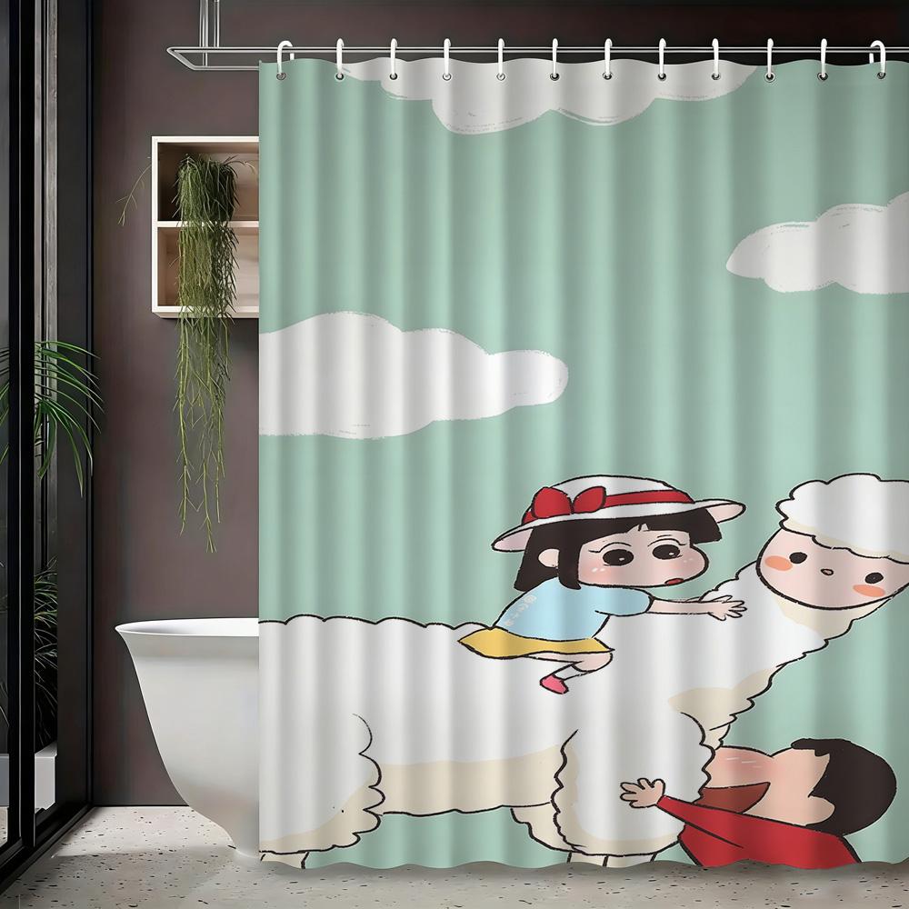 Crayon Shin-Chan & Himawari Superhero Press Conference Scene 2D Print Waterproof Shower Curtain, Blue Cityscape Bathroom Decor W