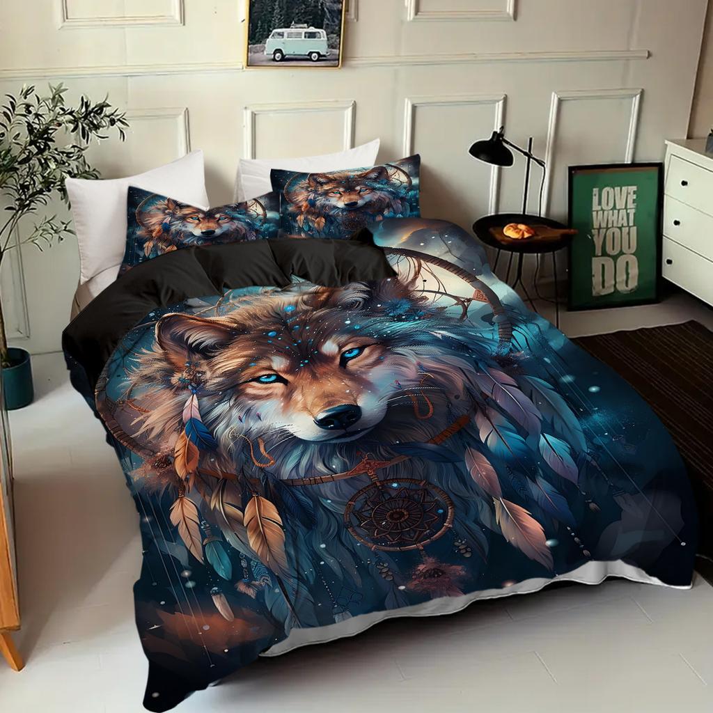 Wolf Totem Traumfänger Muster 3D Druck Bettbezug Set für Jugendliche Erwachsene Tier Thema Bettdeckenbezug Weiches Bequemes Bettwäscheset