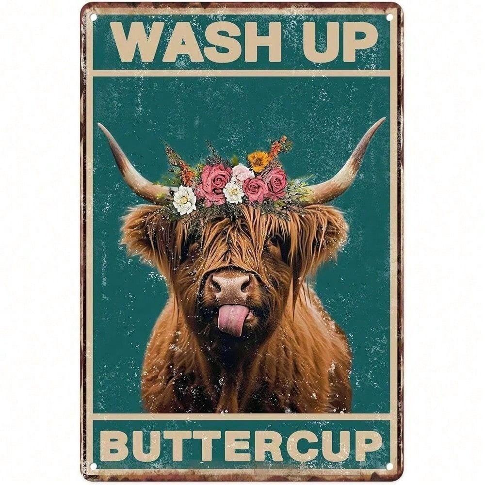 Metal Wall Art Vintage Highland Cow with Floral Crown Farmhouse Rustic Living Room Decor