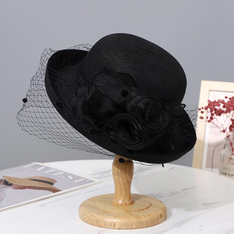 Summer women's gauze hat women's sun hat aristocratic hat women's mesh yarn curled flower top hat women's British celebrity cool hat