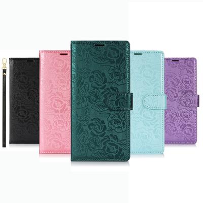 Leather Wallet Flip Protective Cover Wrist Strap Card Slots Holder Pocket Emboss Rose Flower Stand Case for Samsung Galaxy A12 A13 A26 A15 A16 A25 A31