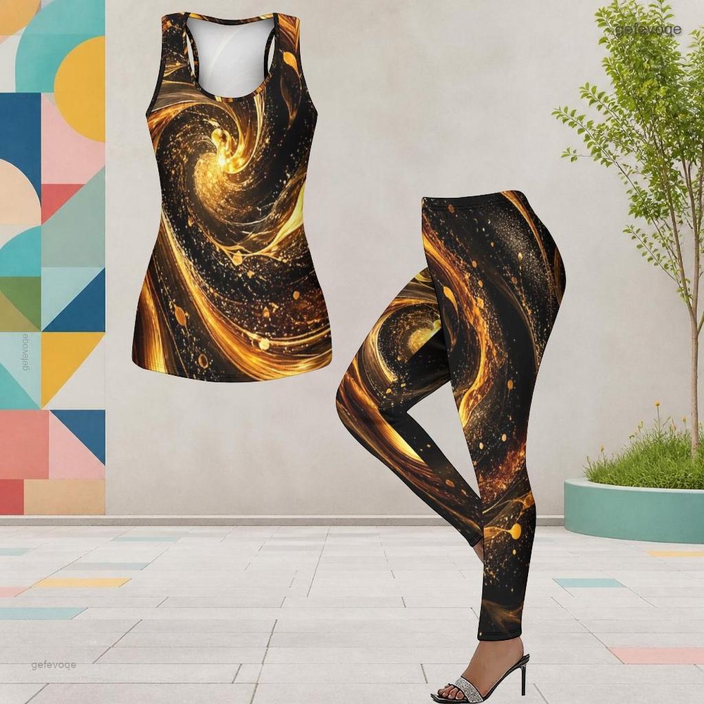 Women Plus Size Two Piece Outfit Scoop Neck Sleeveless Printed Longline Tank Top And Fitted Pants Red Black