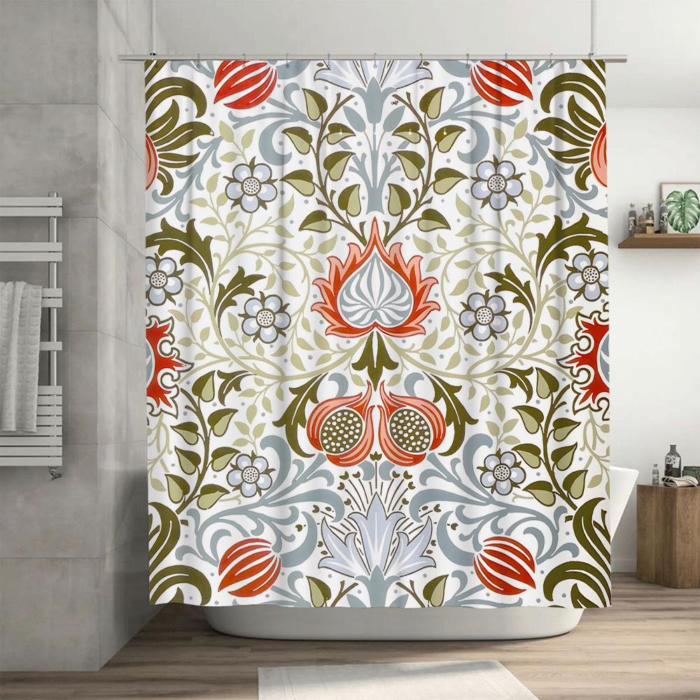 וילון מקלחת פרחוני וינטג' דקור: סט בטנה לאמבטיה בדוגמת רימון אדום, אפור ירוק ולבן לקישוט הבית מידה 72x84