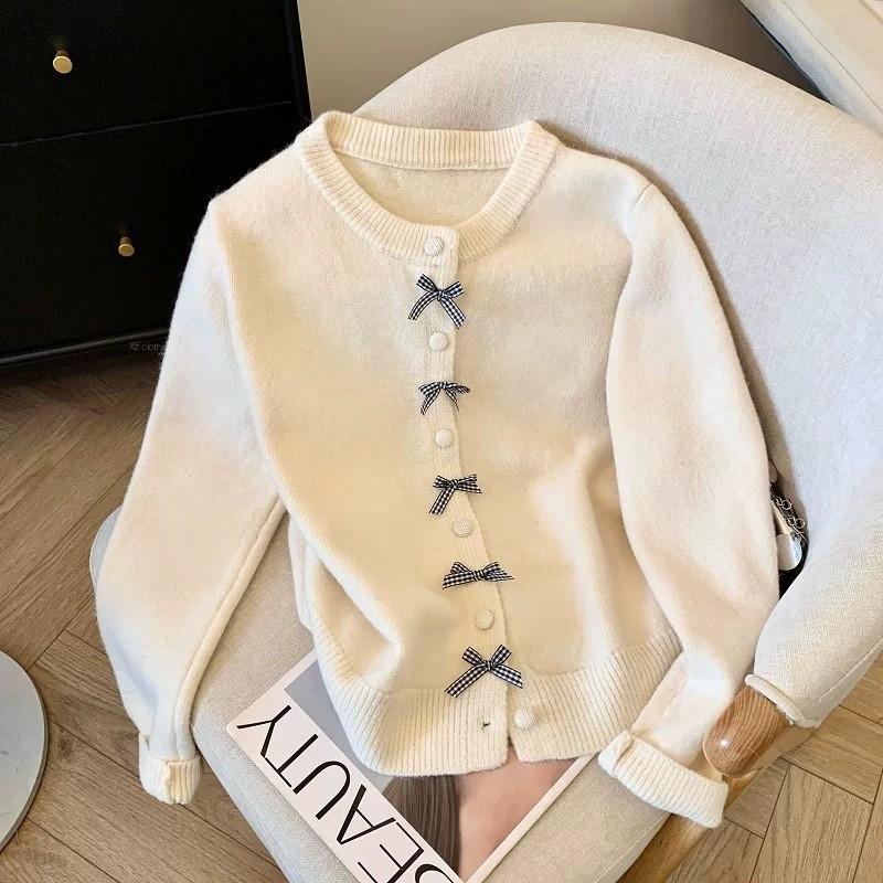 Korean Style Bow Button Knit Cardigan Women Soft Long Sleeve Round Neck Fall Sweater
