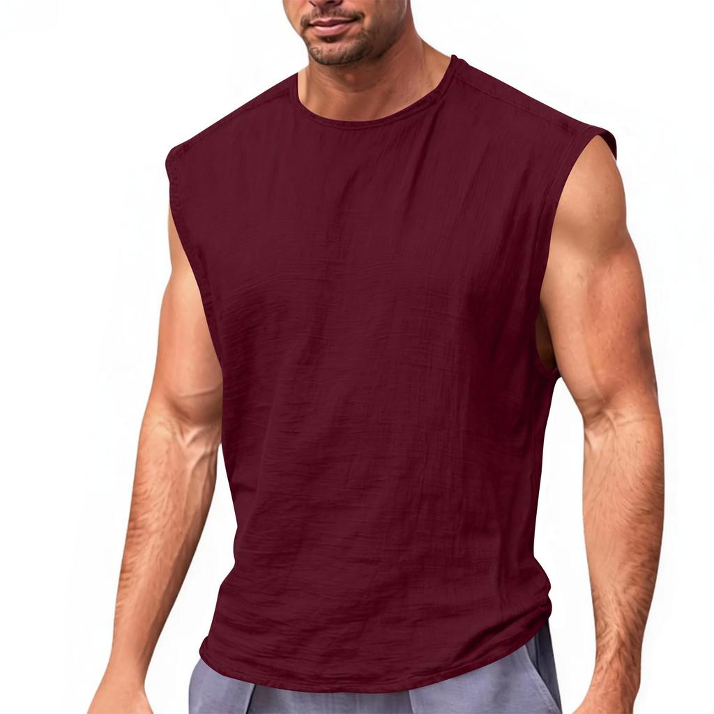 Men's Sleeveless Summer Fitness Running Outdoor Casual Sports Top Cotton-Linen Vest
