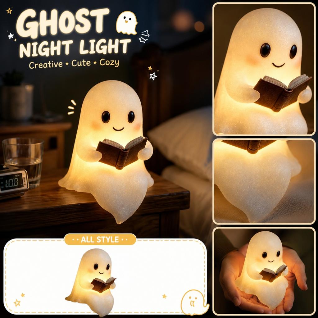 Cute Ghost Night Light Table Lamp with Reading Book Design Soft Glow LED Nightlight for Bedroom Desk Decoration and Kids Room Lighting