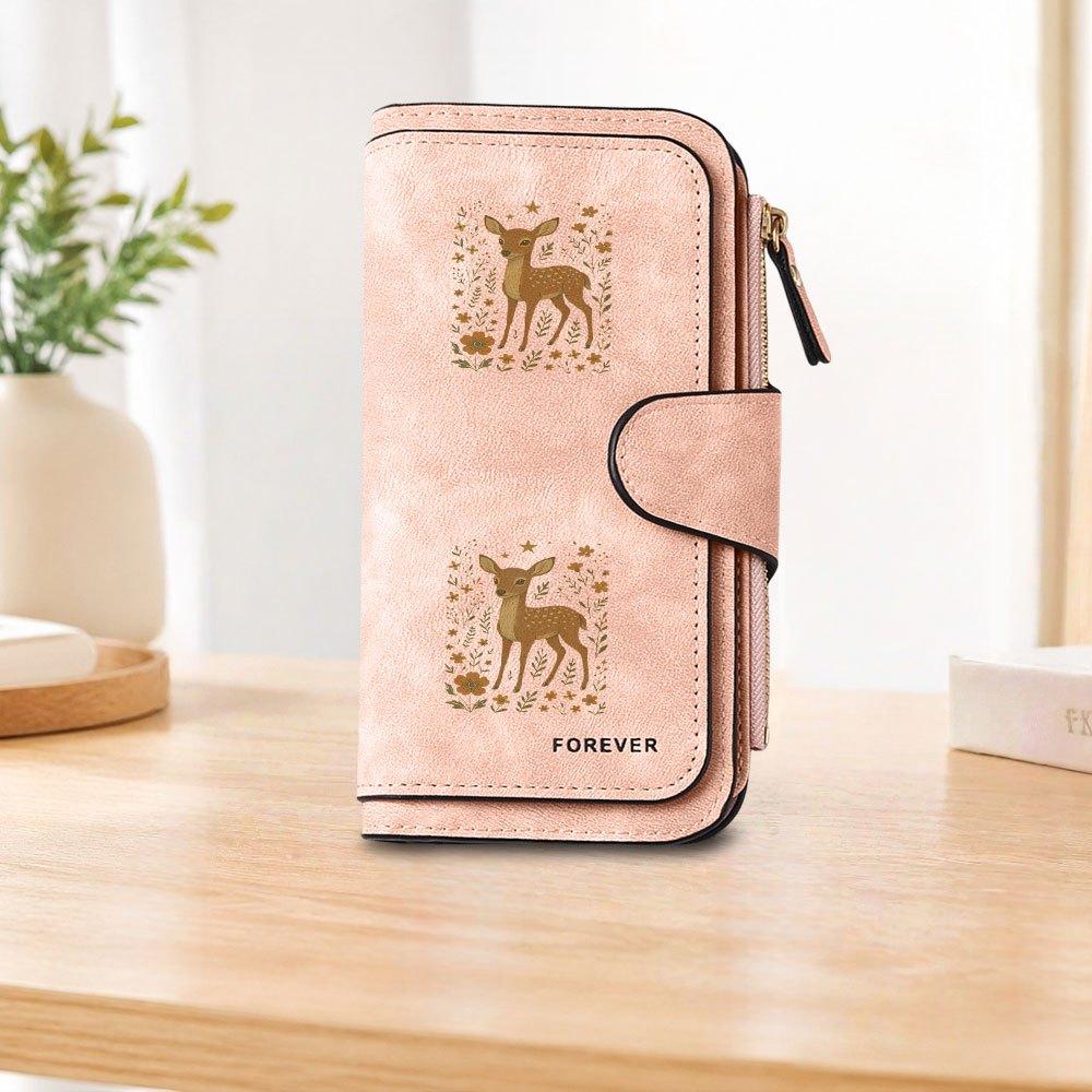 Deer and floral pattern long zipper wallet, large-capacity card holder, unisex clutch bag, stylish zippered coin purse, suitable for daily use, a