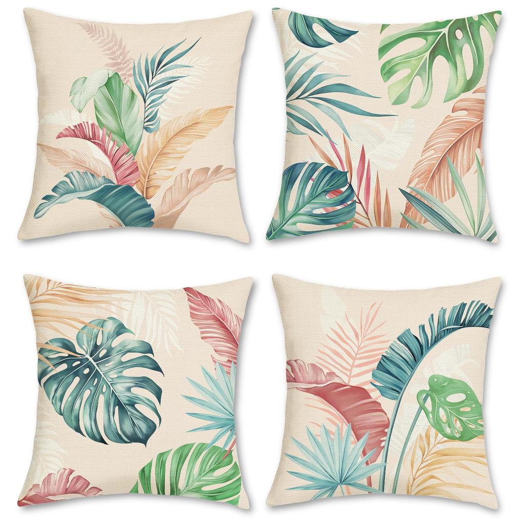 4Pcs Tropical Leaf Cushion Covers, Vibrant Green Monstera & Palm Print Pillow Cases For Sofa Bedroom Living Room 45X45Cm
