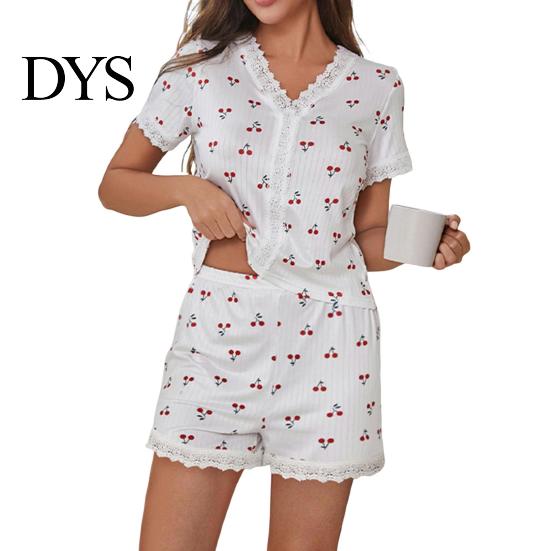 Lady Sleepwear Set 2 Pcs/Set Pajamas Suit Lace Splicing V Neck Short Sleeve Top Pajama Cherry Printing Comfort Homewear Outfit Casual Shorts Nightwear