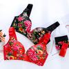 E-Cup Plus-Size-BH, dünn, sexy Blumenmuster, kein Stahlring, rot, gerafftes Bralette, unsichtbarer Push-Up-BH, ausgefallene Unterwäsche, sinnliche Dessous