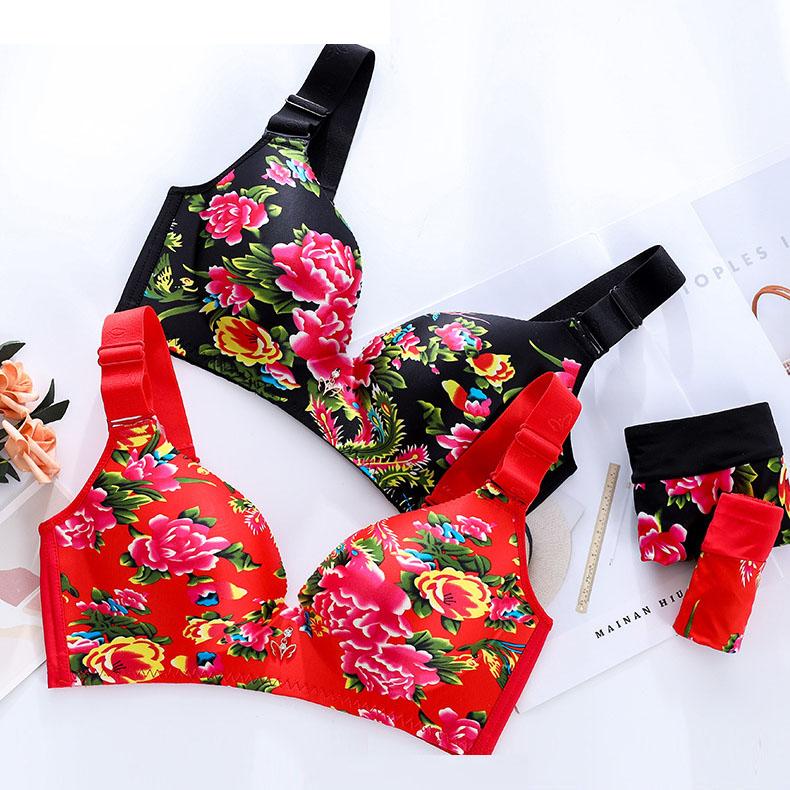 E-Cup Plus-Size-BH, dünn, sexy Blumenmuster, kein Stahlring, rot, gerafftes Bralette, unsichtbarer Push-Up-BH, ausgefallene Unterwäsche, sinnliche Dessous