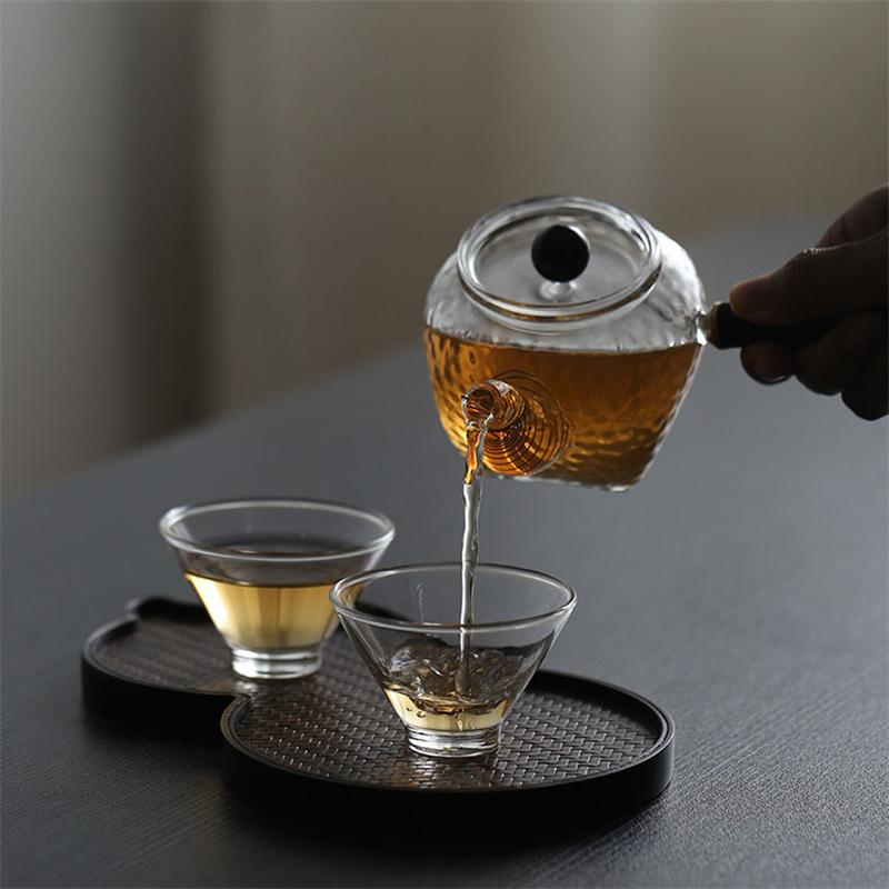 Japanese Style Heat Resistant Hammer Pattern Square Bottom Glass Teapot Side Handle Wooden Kungfu Tea Set Tea Pot With Filter