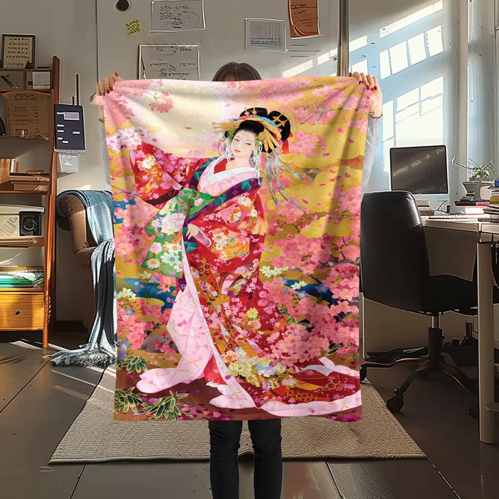 1Pc Japanese Pattern Print Flannel Blanket, High Quality Comfortable for All Seasons, Home Decor, Warmth and Comfort, Perfect for Christmas Gifts