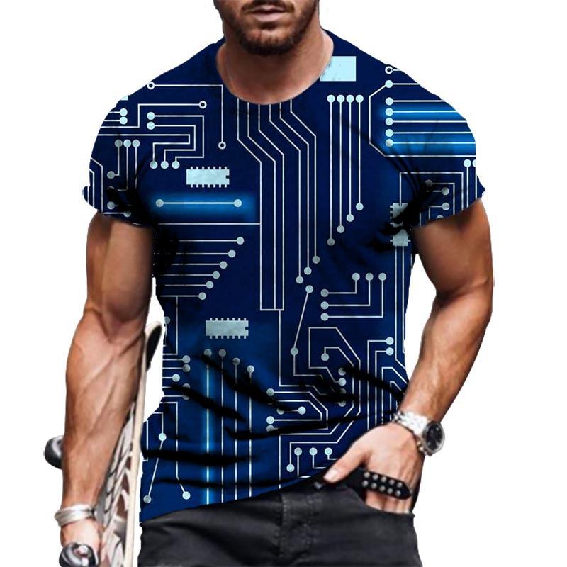 Summer Round Neck 3D Circuit Board Print T-shirts Fashionable Casual Short Sleeved Men's T-shirts