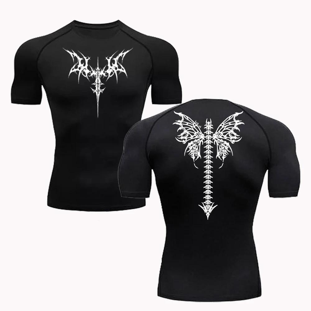 Y2k Print Compression Shirts for Men Athletic Quick Dry Tshirts Gym Workout Training Fitness Undershirts Summer Rash Guard Tops