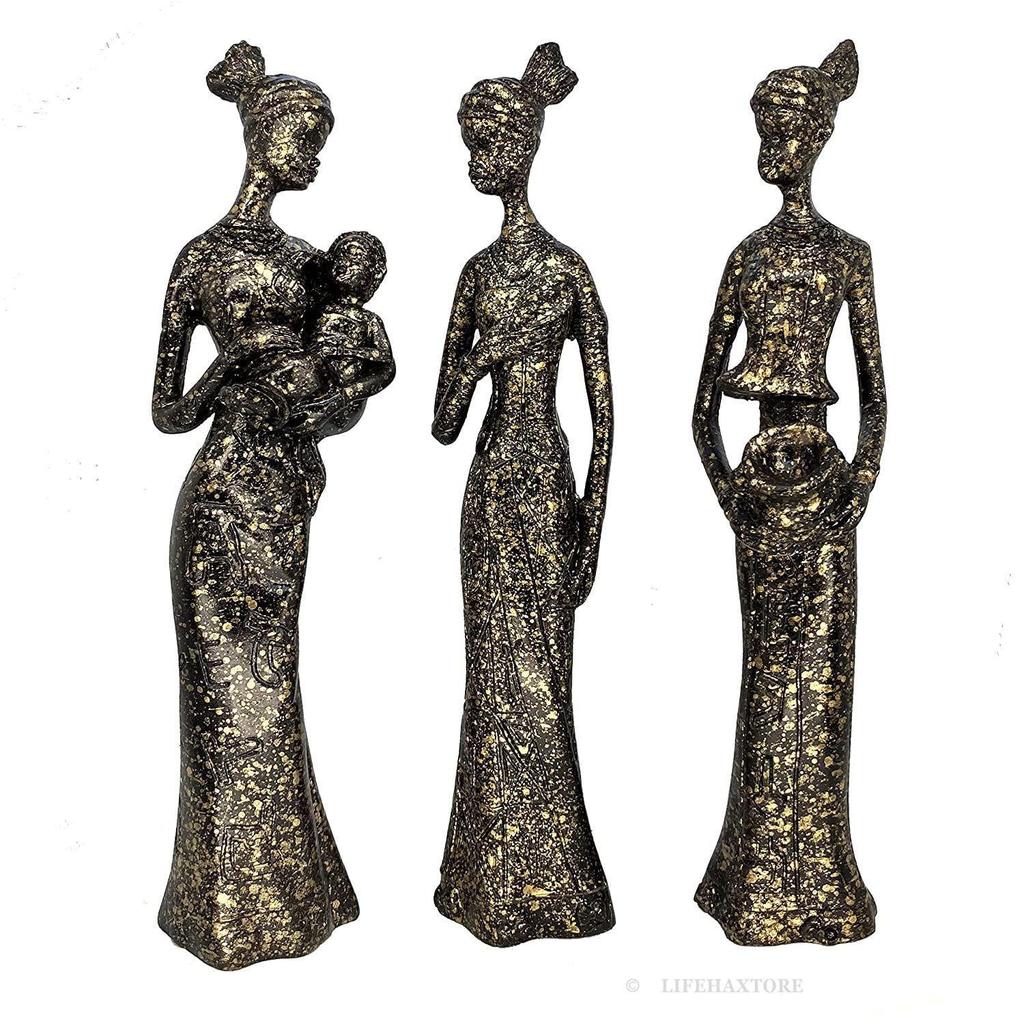 Home Decor African Tribal Women Art Piece, Beautiful Finish Uniquely Hand Crafted - (Set of 3, Black and Golden)