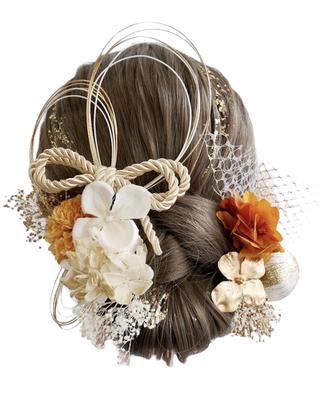 Lomeri In 11 Hair Ornament Mizuhiki Gold Leaf Dried Flower Coming of Age Ceremony Graduation Ceremony Wedding S8 [Available Colors] (Orange)