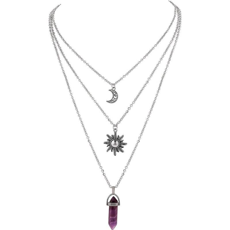 Mehrlagige Achat-Halskette mit hohlem Mond- und Sternanhänger für Damen, Schmuck für das Schlüsselbein