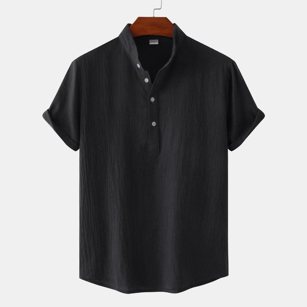 Summer 2024 Bestseller: Men's Solid Color Cotton Linen Stand Collar Short Sleeve Shirt - European & American Style