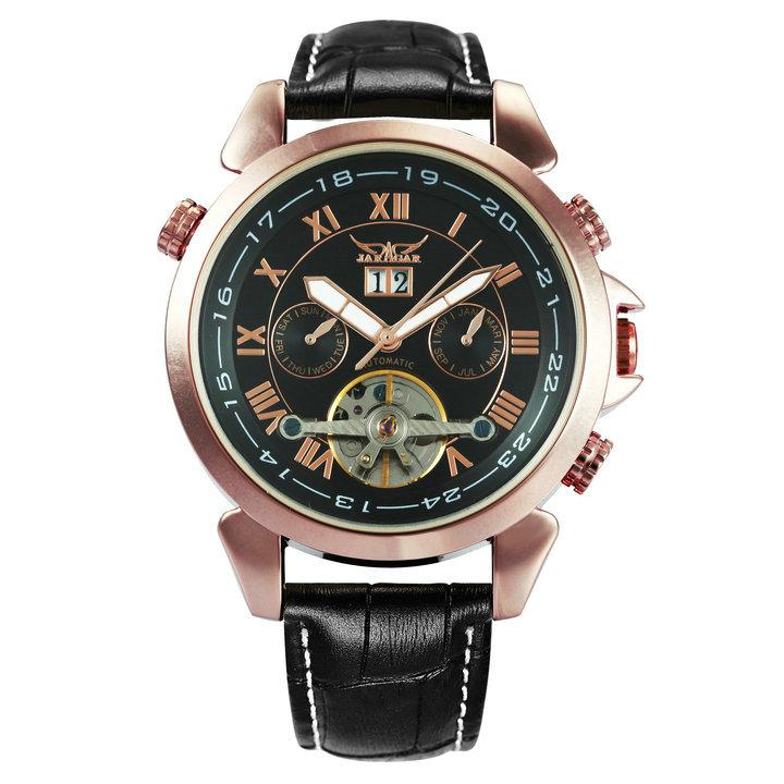 Jaragar Mechanical Watch Men Automatic Gold Mens Watches Top Brand Luxury Tourbillon Calendar Leather Belt Male Clocks Relojes