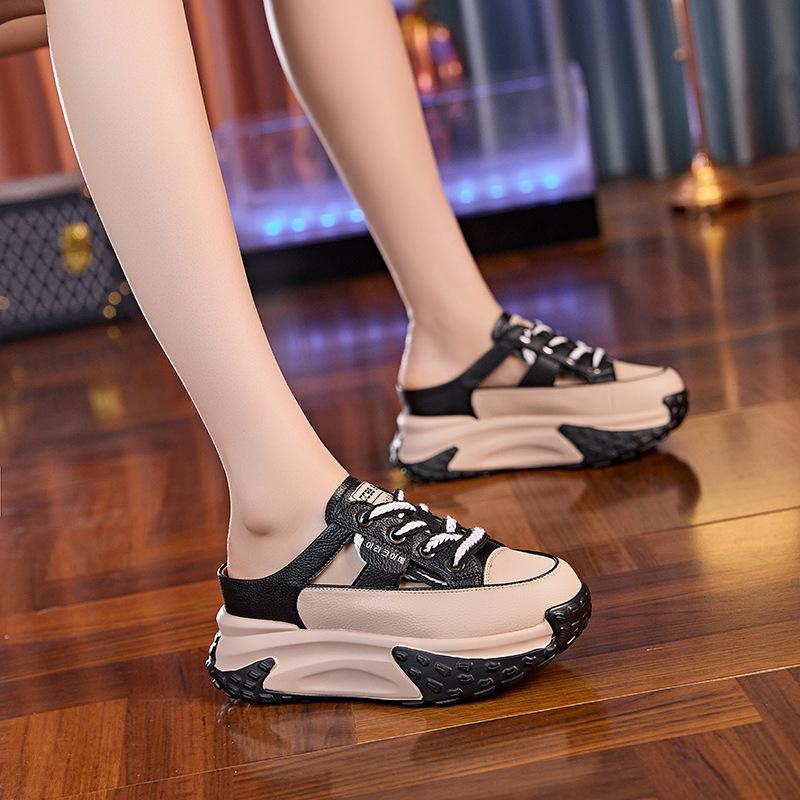 Baotou cool slippers women's outer wear 2025 summer new versatile thick-soled mesh hollowed out half-drag inner height-increasing casual shoes