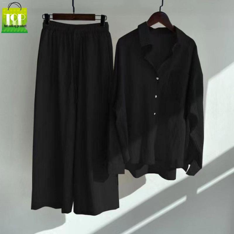 Women's Retro Plus Size Cotton Linen Shirt and High Waist Wide Leg Pants Two-Piece Set 2025