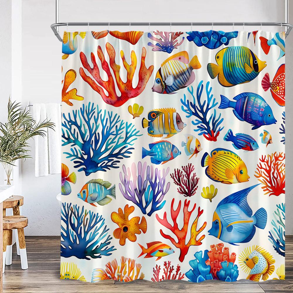 Cartoon Ocean Animals Kids Shower Curtains Tropical Fishes Coral Starfish Shell Bathroom Decorations Funny Children Bath Curtain