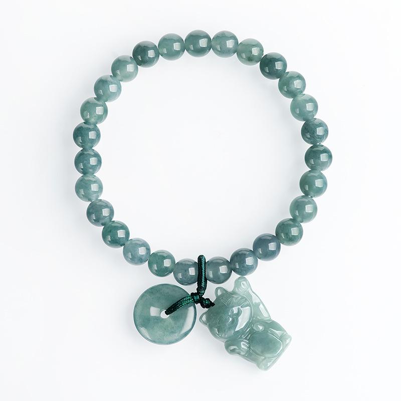 

Natural A-Grade Blue Jade Peace Buckle Bracelet with Lucky Cat Charm - Handwoven Cord, Ice-Type Jade Women s Gift 6.5mm (fits 14-16cm wrist)