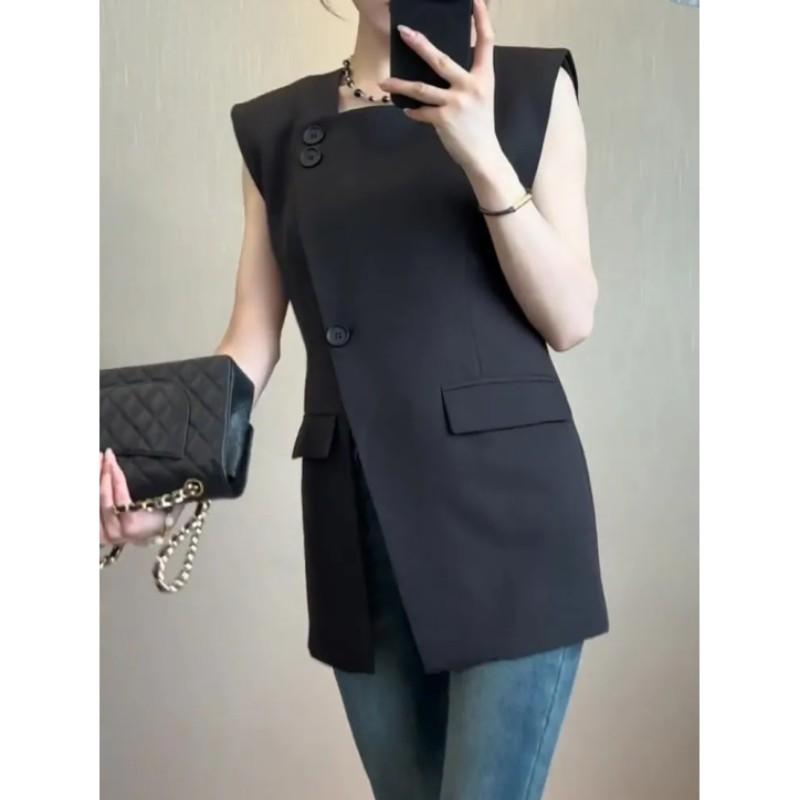 Женский летний приталенный жилет-пиджак однотонный элегантный асимметричный офисный топ XS чёрный