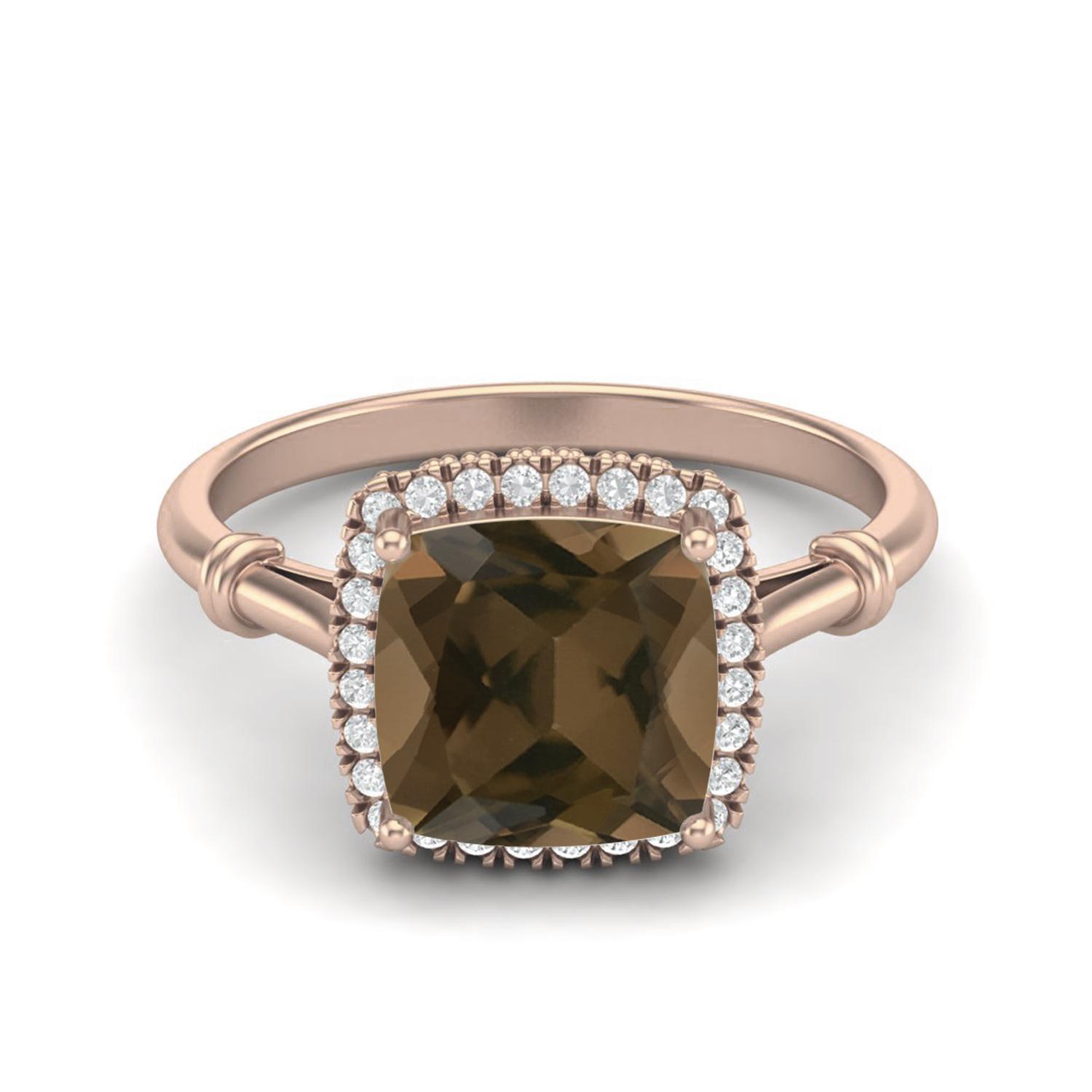 2.86 Ctw Cushion Smoky Quartz 925 Sterling Silver Rose Vermeil Solitaire Halo Women Wedding Ring 9