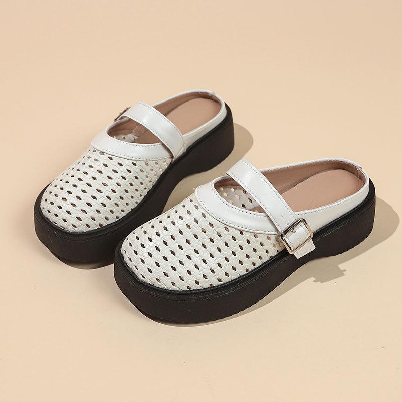 Thick bottom woven hollow breathable bag head half slippers women's 2025 new summer out advanced feeling one pedal sandals