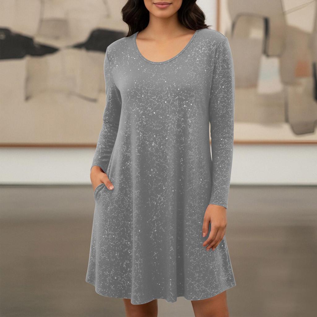 2026 Trendy European & American Style Long Sleeve Pocket Dress with Hot Stamping