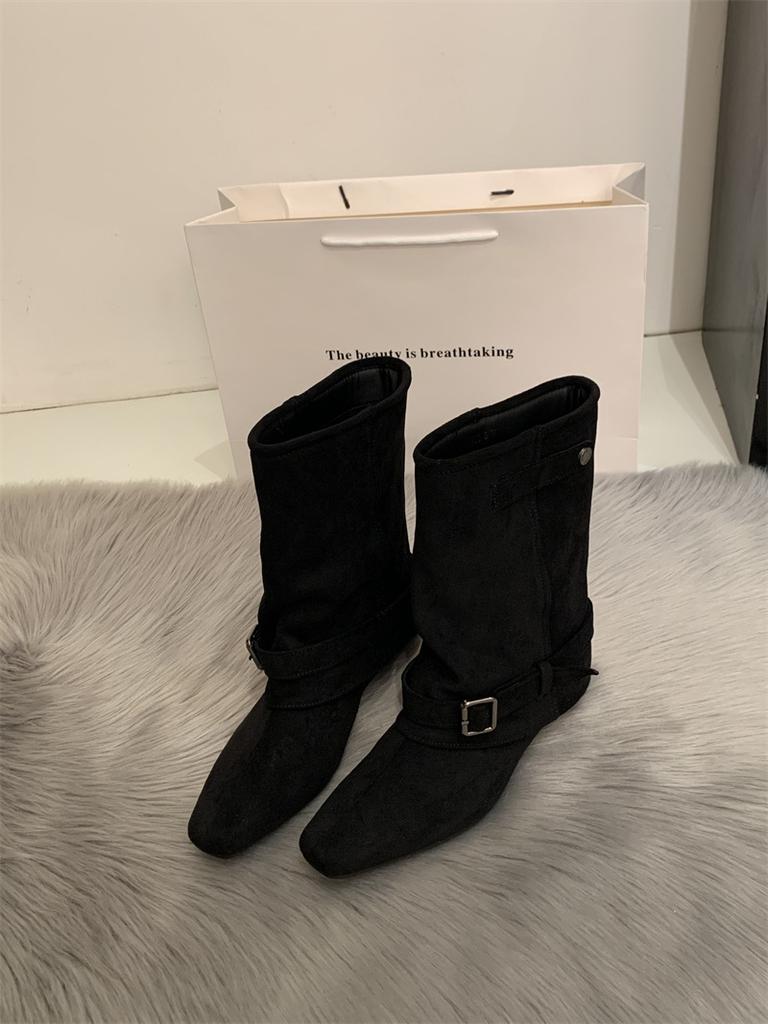 Vintage Suede Khaki Boots Women's Boots French Boots Fall Niche Design Western Stack Boots Knight Boots