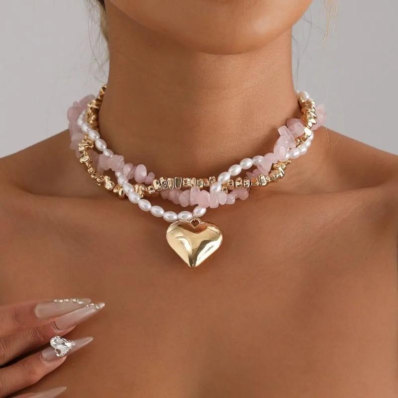 Collana con Ciondolo a Cuore Vintage alla Moda per Donna Boho Croce con Perline Irregolari Catena di Cristallo Gioielli Collane Femminili Para Mujer