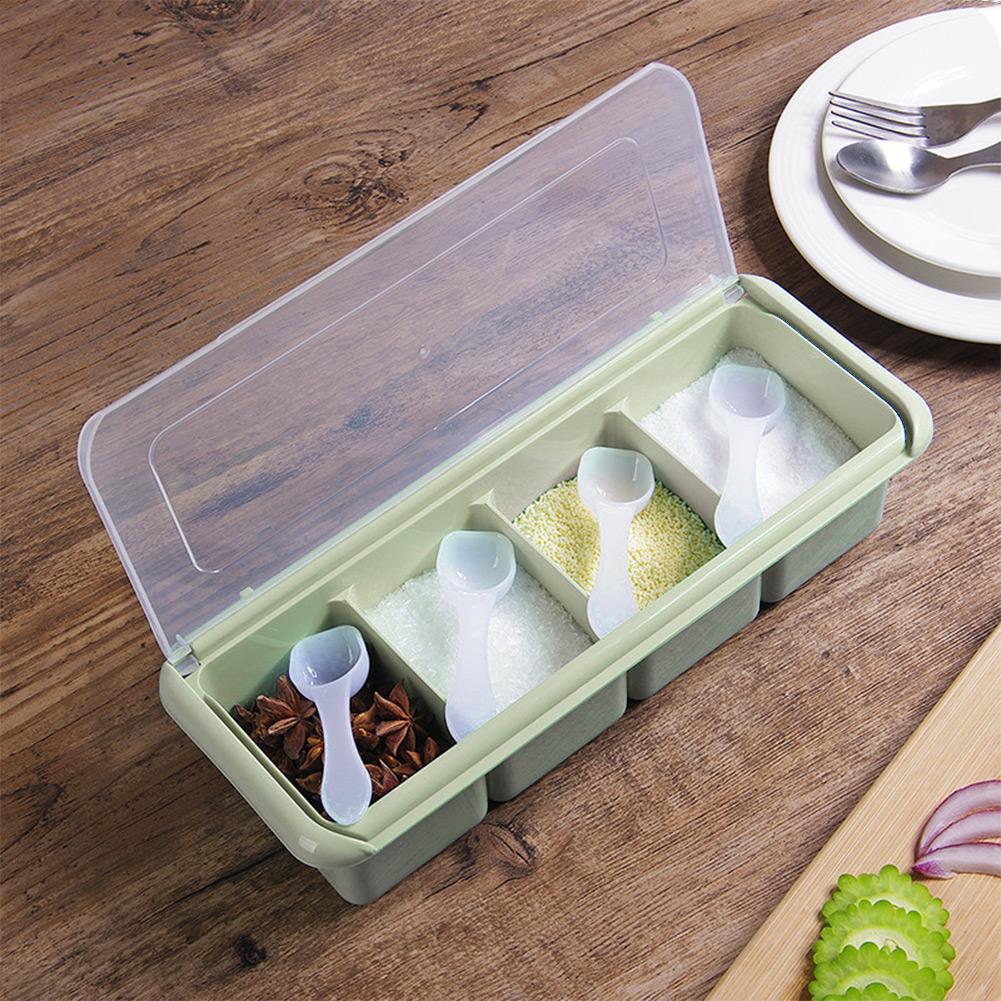 4 Compartments Seasoning Box Spice Rack Organizer Condiment Holder Container(Green)