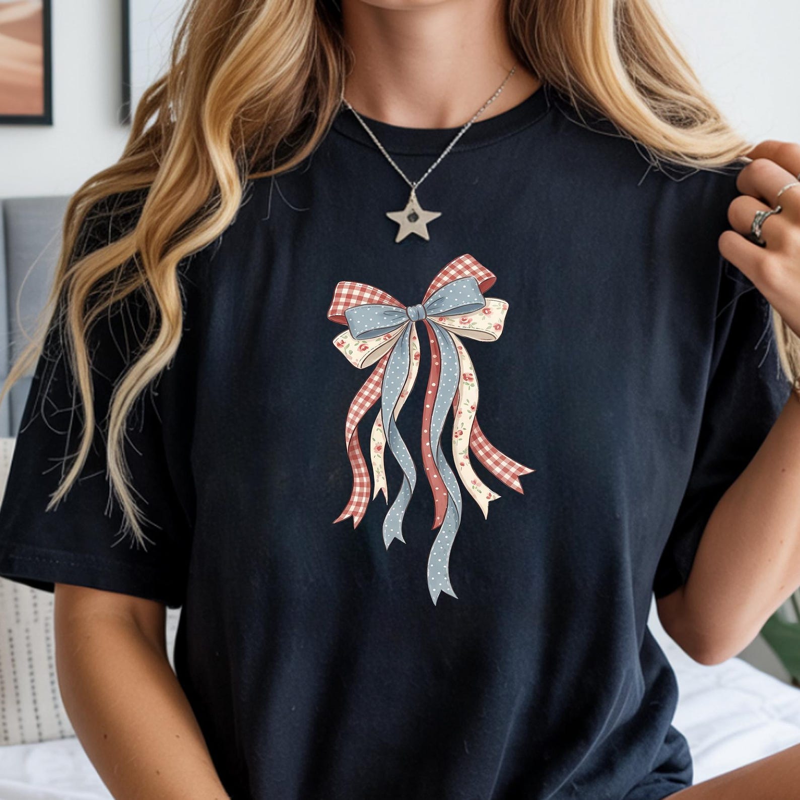 Boho Bow American Patriotic Top, 250 Years Freedom 4th July Shirt, Coquette Boho Women s Tee 3XL