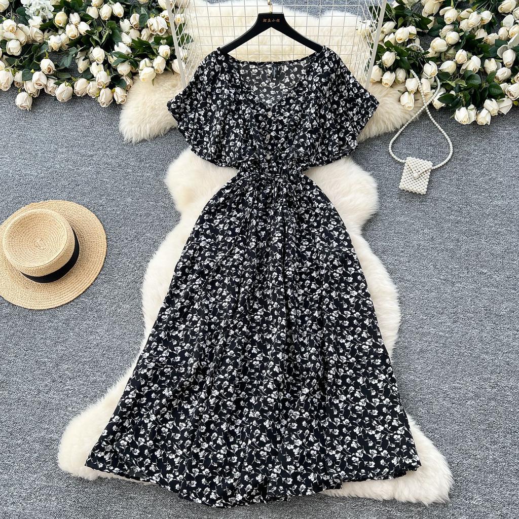 Tea break retro floral skirt summer strap waist V-neck lotus leaf sleeve slimming temperament knee dress