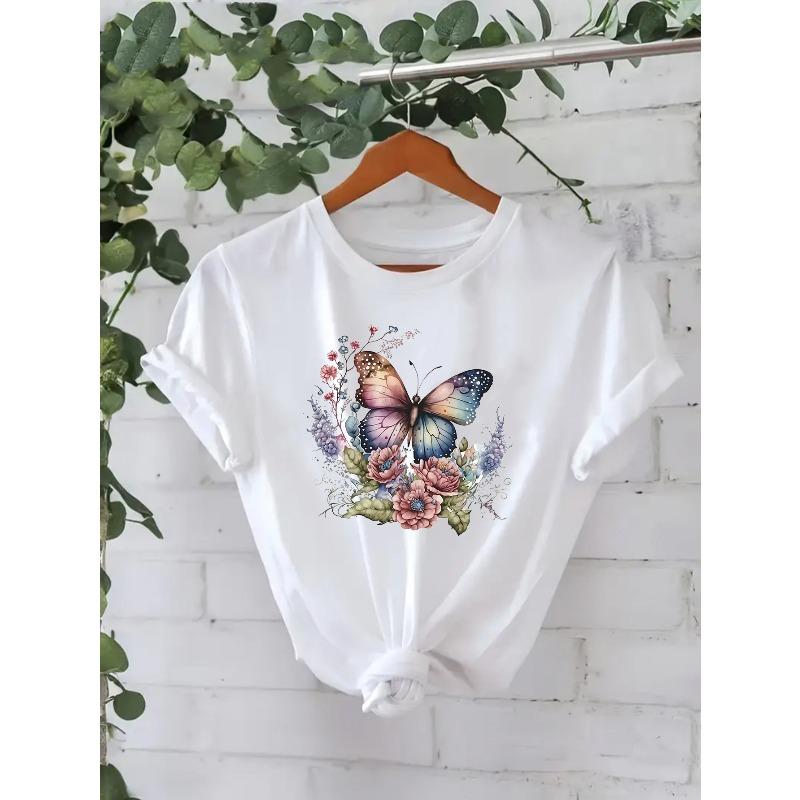 

European Size Women S Printed Short-Sleeve T-Shirt with a Trendy And Stylish Design, Featuring a Butterfly Print, Street Style S белый