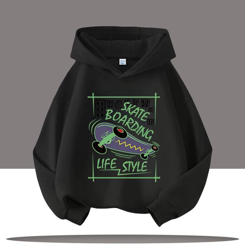 Boys' Sportswear, American Fashion Skateboard Cartoon Print, Children's Hoodie, Girls' Casual Top, Autumn and Winter Clothing
