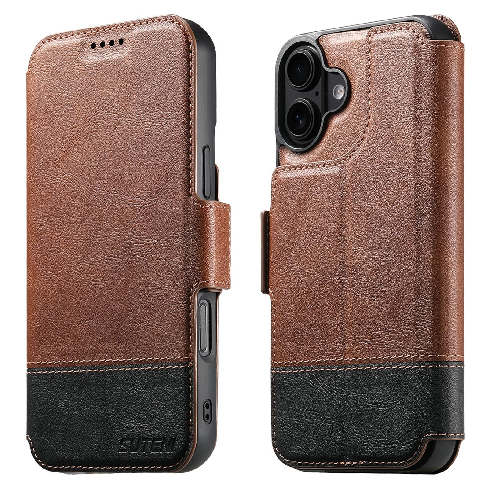 

SUTENI Q-06 For iPhone 17 Case Color Splicing Magnetic Detachable Leather Phone Cover Brown