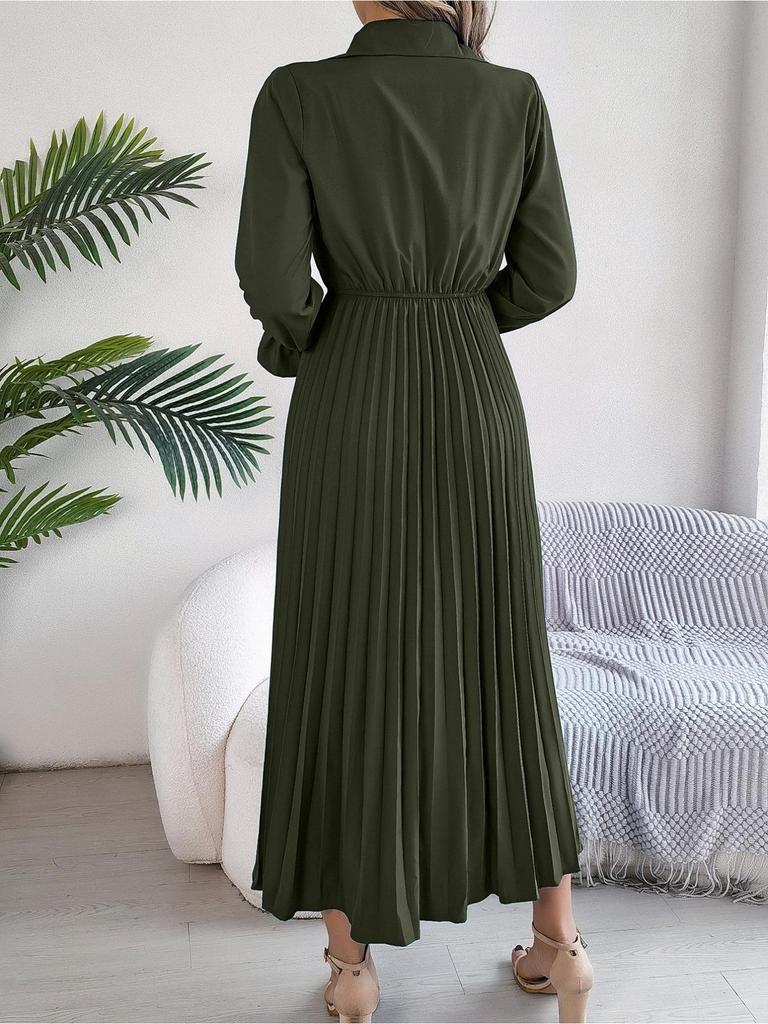 Abito a Colletto Reversibile Monocolore Abito Elegante Plissettato a Vita Alta per Donna Abiti Ampi a Maniche Lunghe Abito Casual