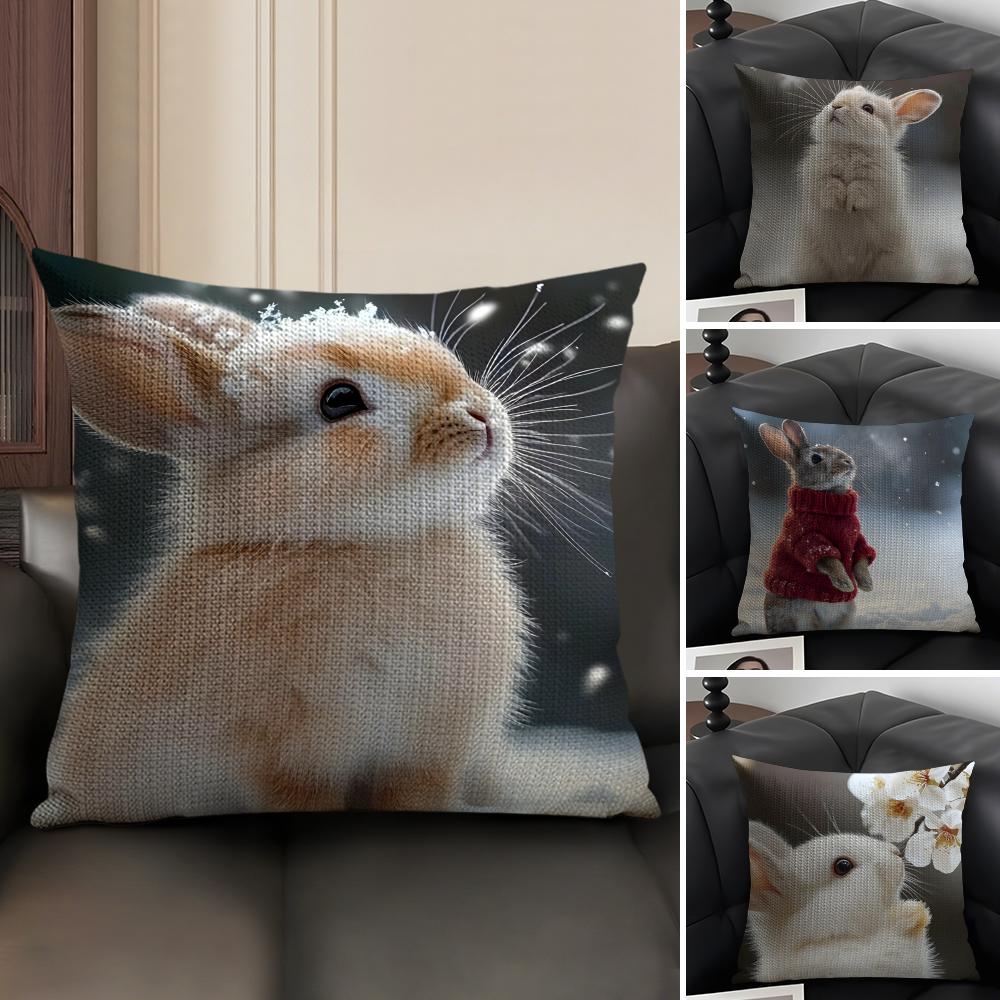 Rabbit Cute Cushion Cover Natural Linen Organic Fabric DoubleSided Printing Sofa Home Decor Gift Pillow Case