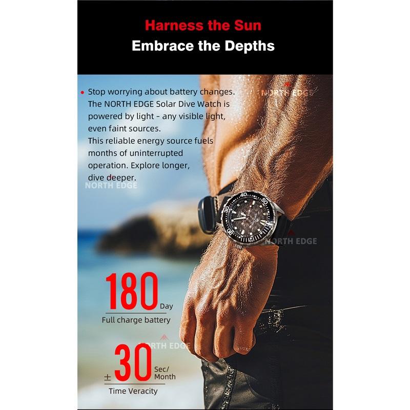 NORTH EDGE TRITON-TI Tytanowa Stal Nierdzewna Zasilany Słońcem Zegarek Nurkowy Luksusowe Zegarki Kwarcowe Dla Mężczyzn Wodoodporność 300M 180 Dni Zasilania