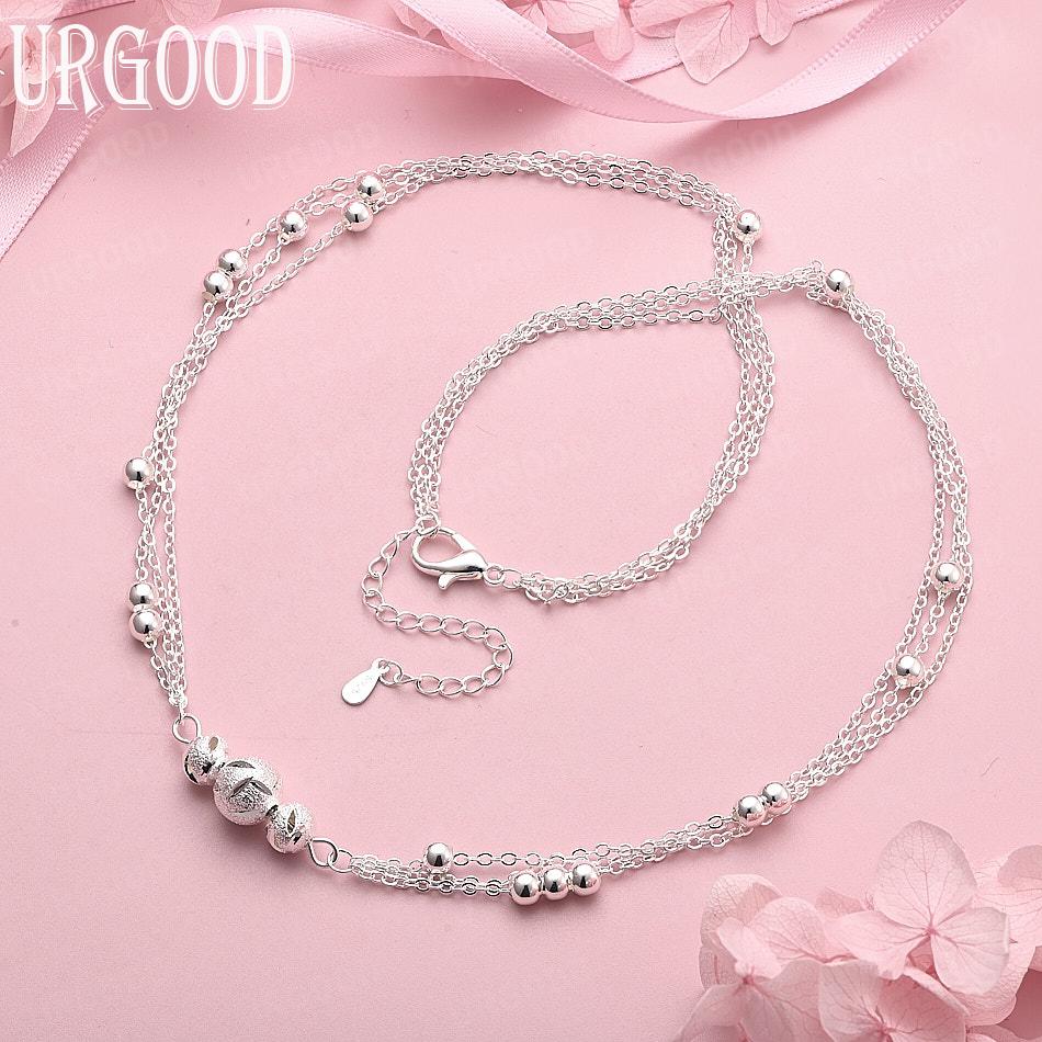

925 Sterling Silver Multi-Strand Bead Necklace Fashion Gift Wedding Jewelry 45cm