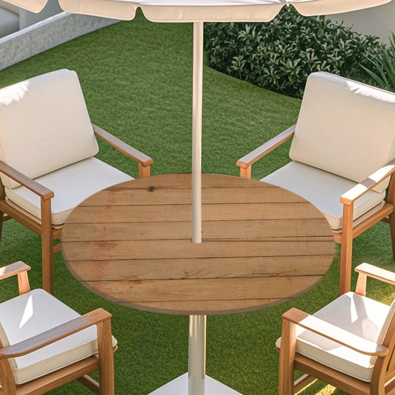 Copritavolo Rotondo da Esterno con Effetto Legno Impermeabile Orlo Elastico Per Patio Giardino Sala da Pranzo