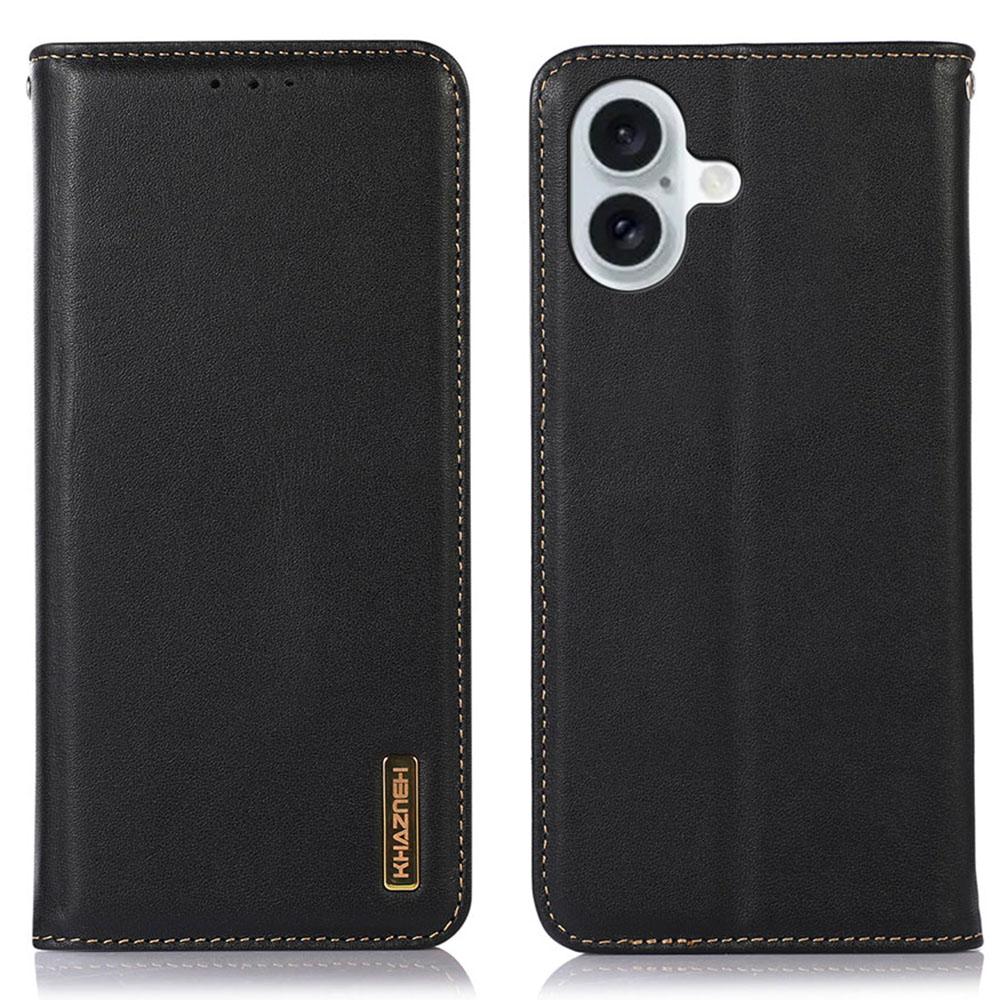 

For iPhone 16 Plus Case Genuine Cow Leather Phone Cover Nappa Texture Black