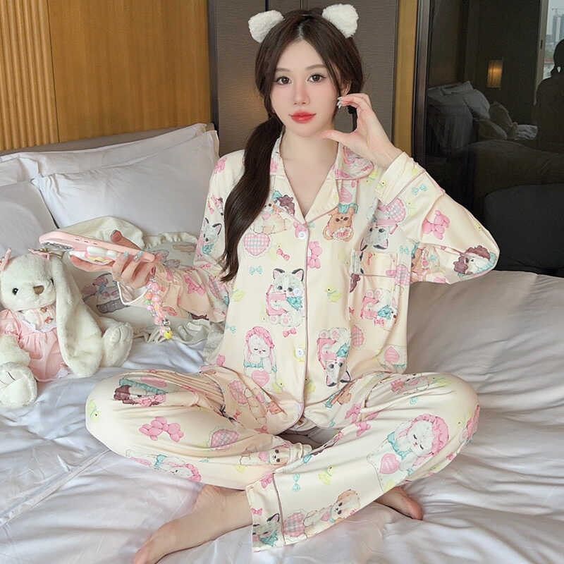 Fashions Spring Autumn Soft Cute Cartoon Cat Print Women's Pajamas Set Buttons Cardigan Womens 2 Piece Outfit Set Elegant Pajamas for Girls